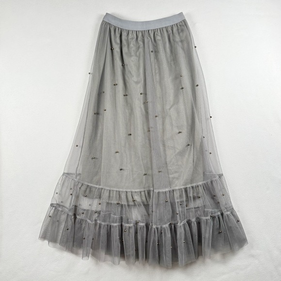 Chicwish Grey Tulle Maxi Skirt Faux Pearl Accents Ruffle Tiered Mesh Romantic - Picture 4 of 7